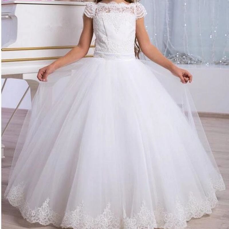 새로운 꽃의 소녀 드레스 우아한 샴페인 레이스 아플리케 민소매 계단식 어린이 미인 대회 가운 결혼식 첫 영성체 드레스
